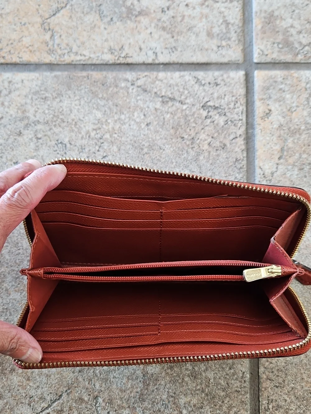 Coach Pebbled Zip Wallet - Rust Brown